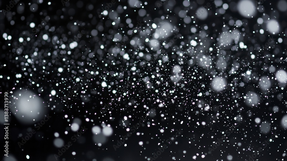 Poster Abstract background with many tiny white and grey particles floating in the dark.