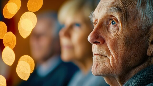 An aged man is seen in profile, highlighting the signs of a life fully lived, with soft lighting.