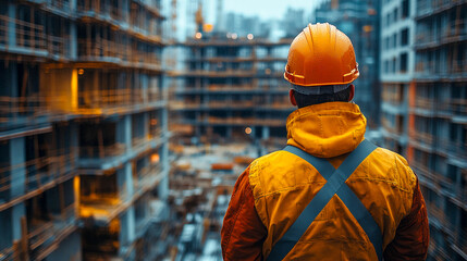 A man in an orange helmet and work clothes, standing with his back and looking at the construction site.