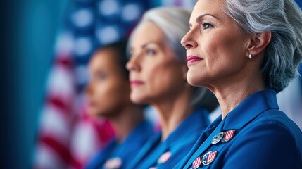 Obraz premium Three women stand proudly in front of an american flag, showcasing leadership and dedication.