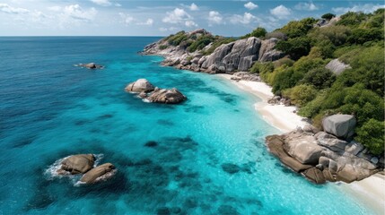Breathtaking beach scene tropical island aerial photography serene waters coastal paradise nature's beauty