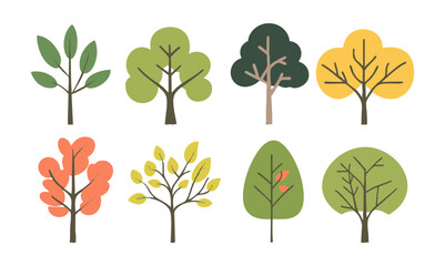 Set of tree and leaf collection hand drawn flat design vector element. botanical set of bare trees and ones with leaves and lush green