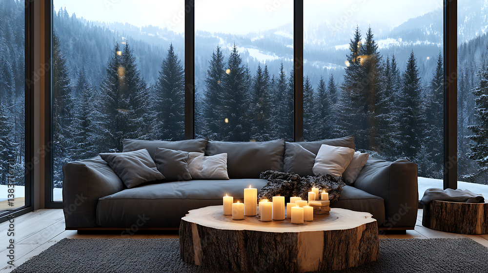 Poster sofa with grey cushions and tree stump coffee table with candles against window with forest view, sc