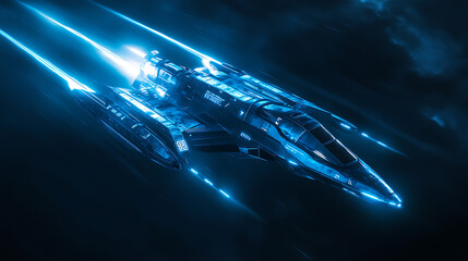 Spaceship rocket, blue neon color startup, space, business concept