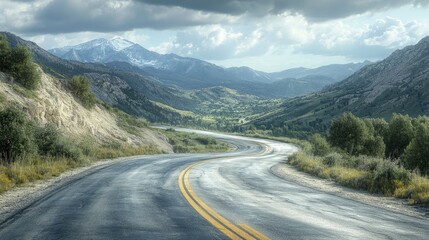 Fototapeta premium A Winding Road Through a Mountainous Valley on a Cloudy Day
