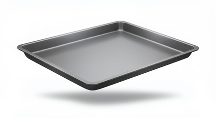 Metallic baking sheet on a clean white backdrop ready for culinary creations