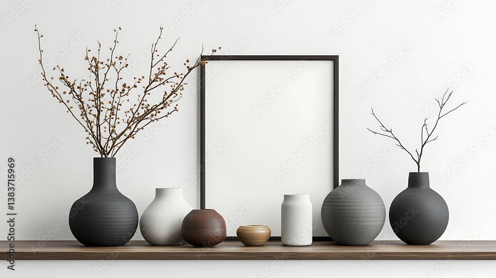 Poster Square mock up poster frame on white wall above set of different vases with twig, minimalist interior design of modern living room