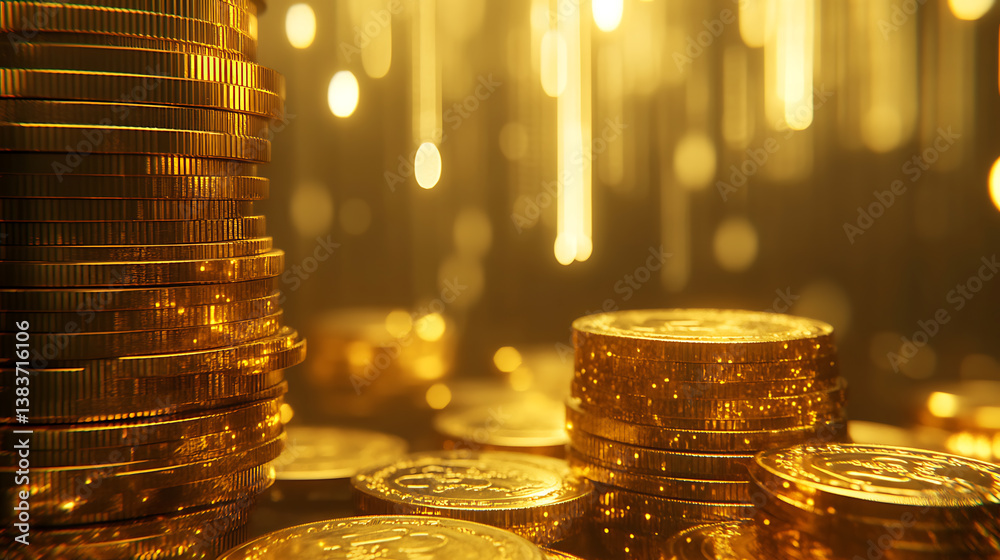 Aufkleber stack of gold coins overlay with data points, finance and data, against blurred stock graph