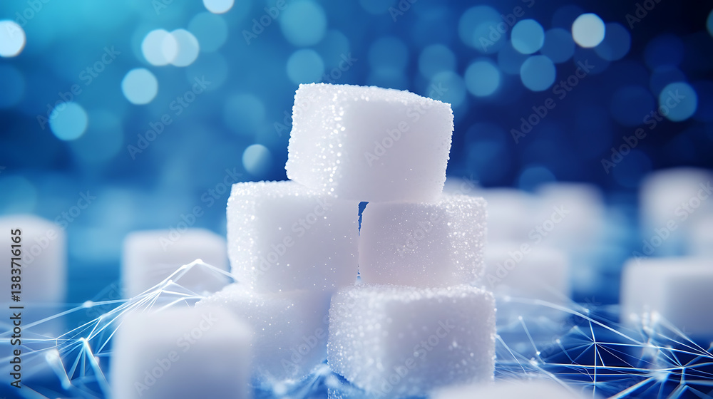 Poster Stack of white cubes of sugar, this is an abstract version of sugar sweetener, a low poly style design, a modern 3d design concept with a blue geometric background, a wireframe connection structure