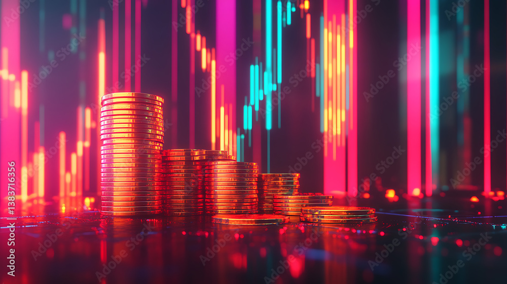 Poster Stacks of gold coins with a rising stock chart in the background symbolize the increasing price of gold