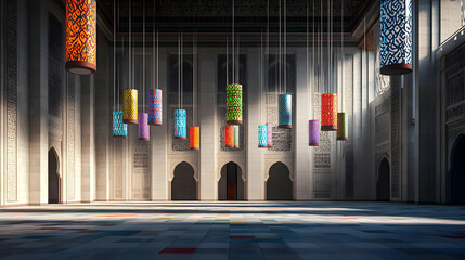 Colorful Lamps In Empty Mosque Hall