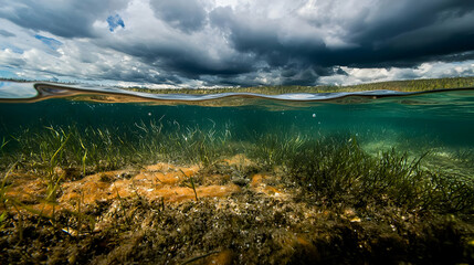 Split View Of Underwater Scene Showing Overcast Sky Water Surface And Submerged Vegetation With Light Reflections