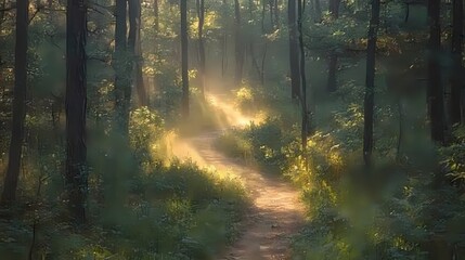 Obraz premium Sunlight Through Forest Trees Lighting a Quiet Path for Walking