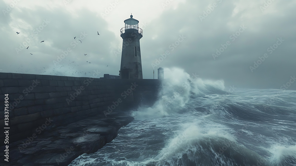 Poster storm waves over the lighthouse in a cloudy day