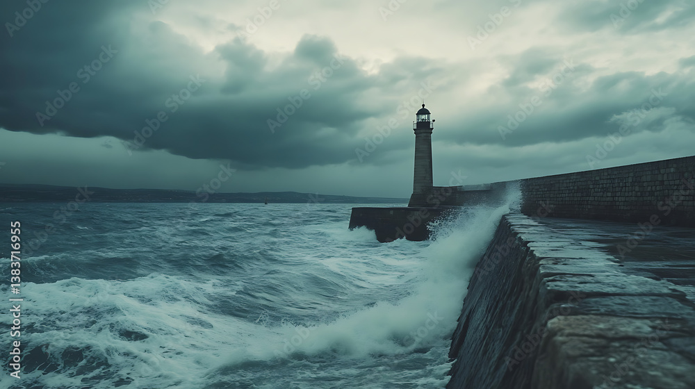 Poster storm waves over the lighthouse in a cloudy day