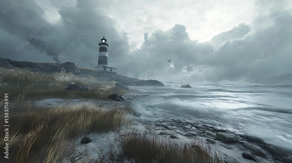 Poster storm waves over the lighthouse in a cloudy day