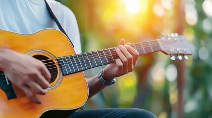 Obraz premium Creativity Musician composing a song on an acoustic guitar.