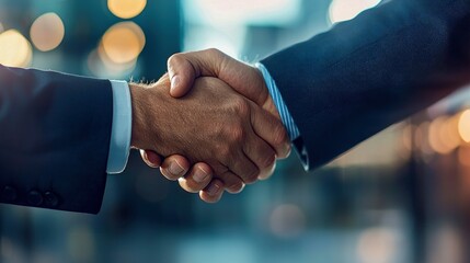 Two businessmen shake hands, symbolizing a successful partnership or agreement on a deal.