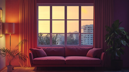 Fototapeta premium Stylish living room interior with couch and panoramic window, mockup wall