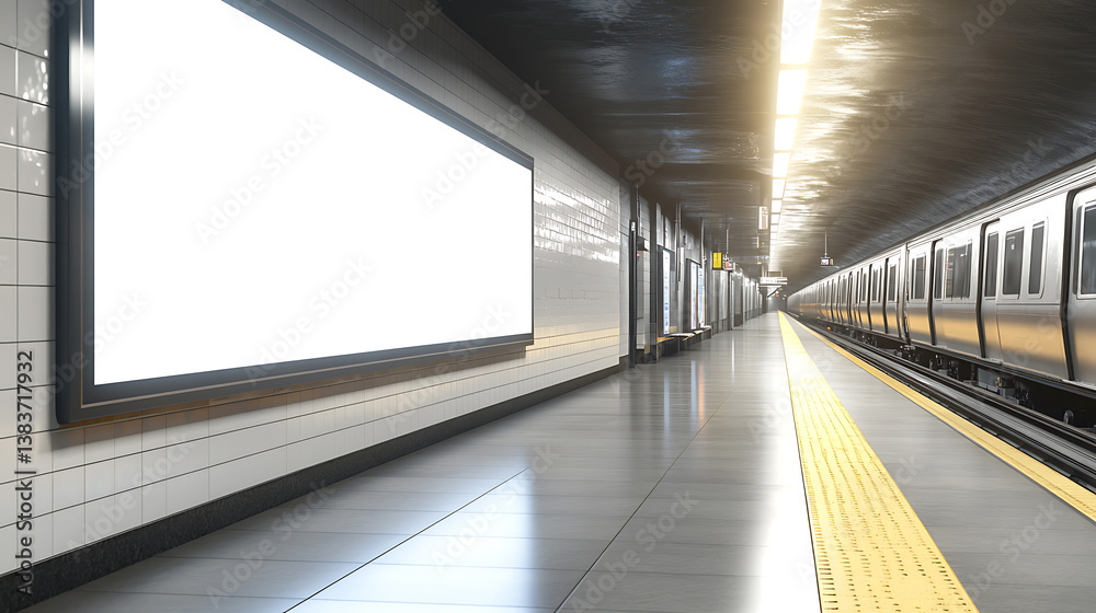 Poster subway platform with empty advertising billboard and stationary train, public transit and blank ad s