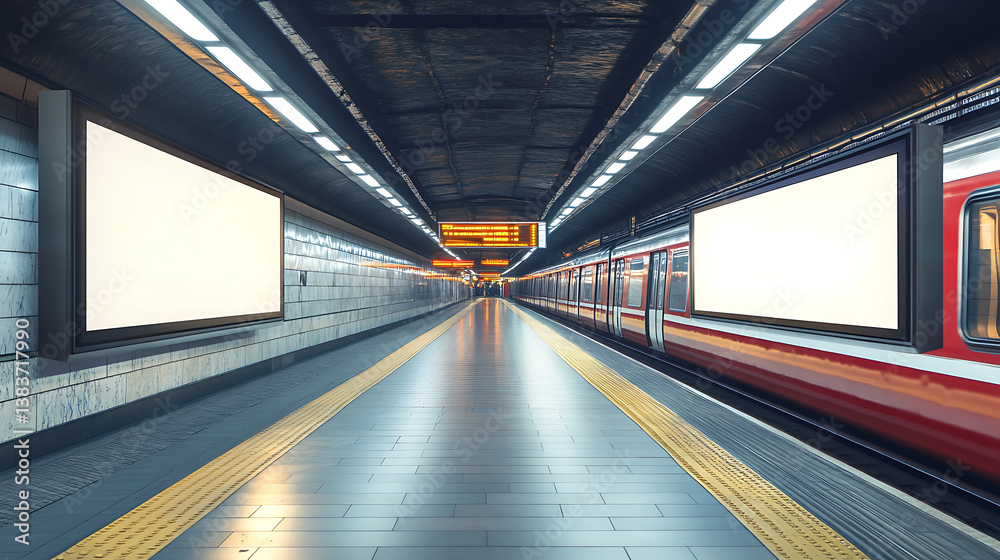 Poster subway platform with empty advertising billboard and stationary train, public transit and blank ad s