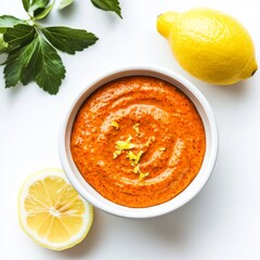 A yogurt dip with harissa and lemon zest, bold and spicy, dramatic contrast, isolated on white background