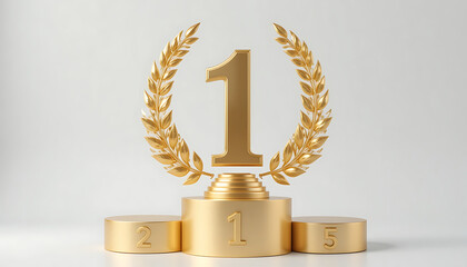 Golden Trophy Number One with Laurel Wreath and Victory Podium 3D Rendering

