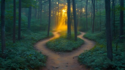 Walking Path Through Forest with Sunlight Creating Atmospheric Mood