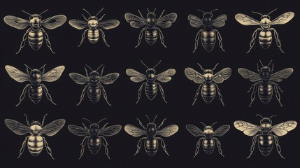 Fifteen detailed illustrations of bees in sepia tones on a dark background, showcasing variations in wing and body details.
