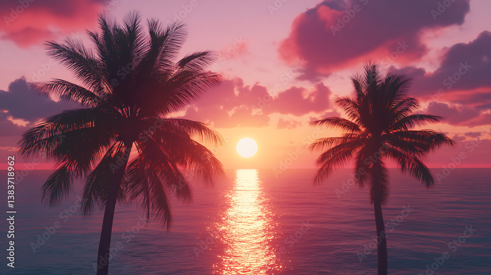 Poster Sunset with palm trees in front of an ocean