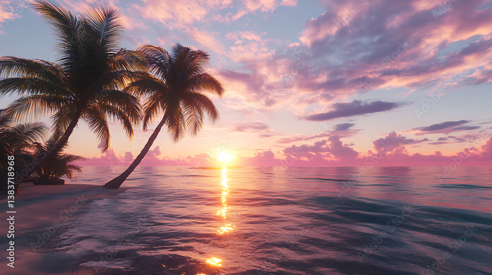 Poster Sunset with palm trees in front of an ocean