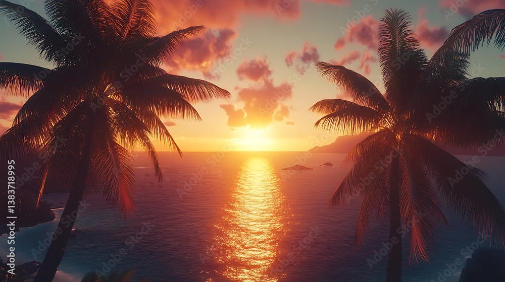 Poster Sunset with palm trees in front of an ocean
