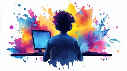 Professional Using AI Design Tools in a Vibrant Workspace Environment