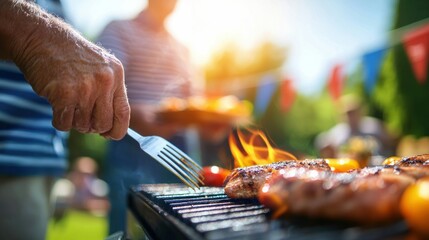 A person grilling delicious meat on a barbecue with flames during a sunny outdoor party or gathering.