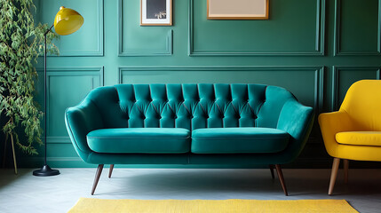 Obraz premium Teal sofa and yellow accent chair, retro interior design of living room