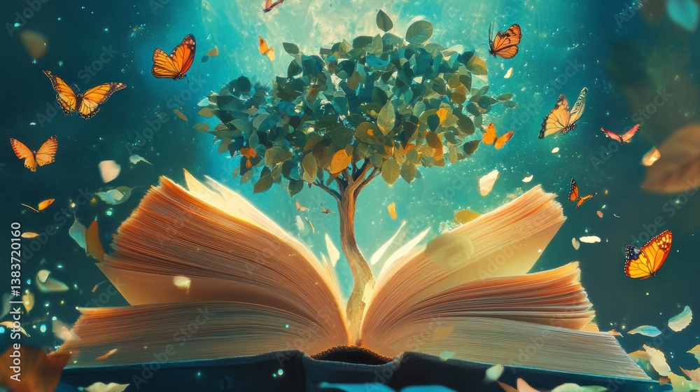 Poster a tree growing from an open book surrounded by butterflies and petals.