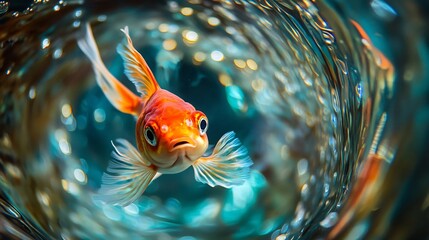 Fish darting towards the camera in an aquarium the water distortion creating a unique and dynamic perspective