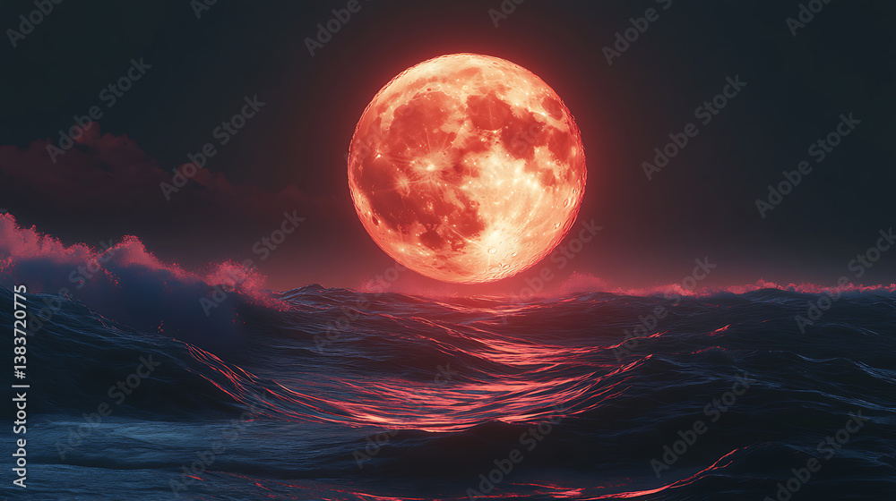 Aufkleber the canvas depicts a full moon over waves of red, s depicts a full moon over waves of red, 3d render