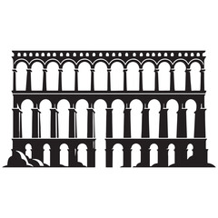 Historic Roman Aqueduct silhouette, showcasing ancient methods of water distribution – Roman Aqueduct illustration – Roman Aqueduct vector – Ancient infrastructure silhouette

