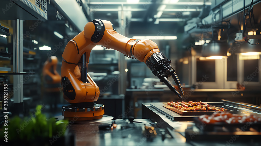 Aufkleber the concept of a smart factory, an industrial machine robot arm in a factory setting, the robot arm,