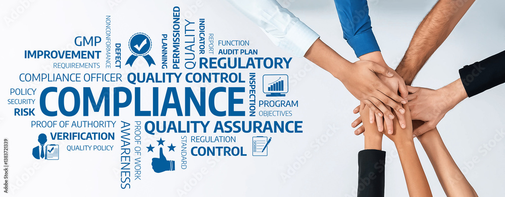 Fototapete diverse hands unite around a central theme of compliance and quality control strategies, emphasizing
