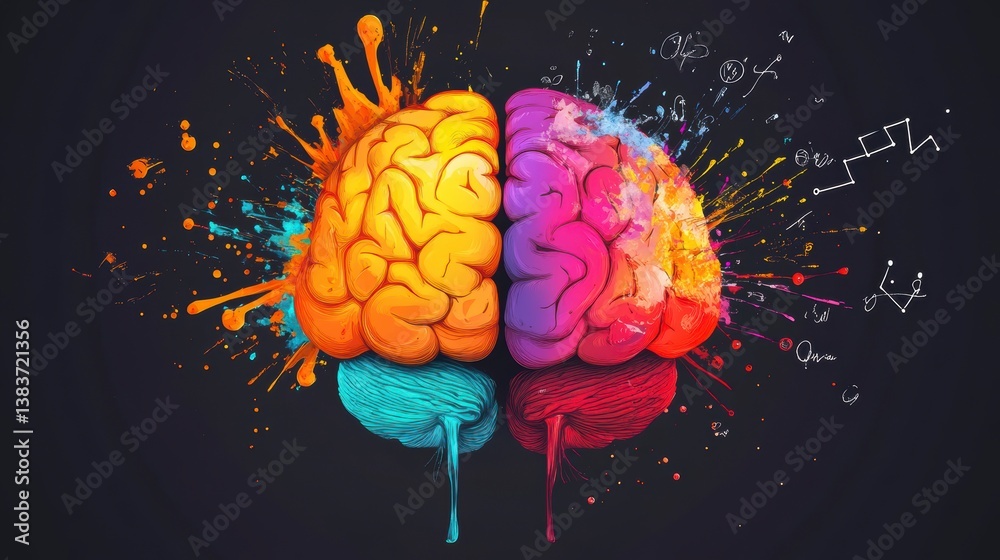 Aufkleber colorful brain hemispheres with paint splatters and mathematical formulas.
