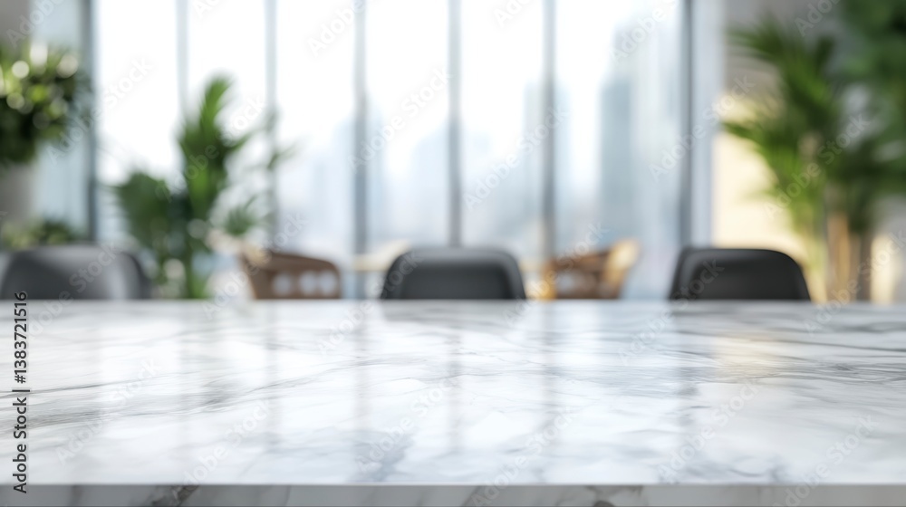 Poster empty marble table top with blurred modern cafe background.