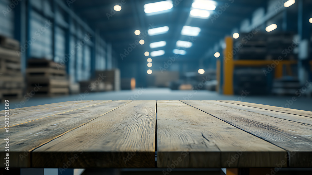 Poster The empty wooden table top with blur background of warehouse storage, exuberant image, for mock up or banner