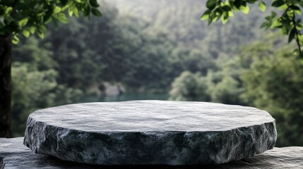 Stone Podium Display Table with Nature Background for Product Showcase