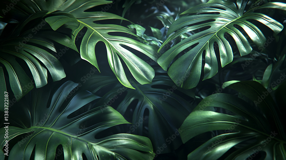 Poster The large leaves of the tropical tree lie one on top of the other, overlapping each other, 3d rendering