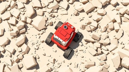 Obraz premium A red toy car on a rocky surface, showcasing adventure and exploration in a playful, imaginative environment.