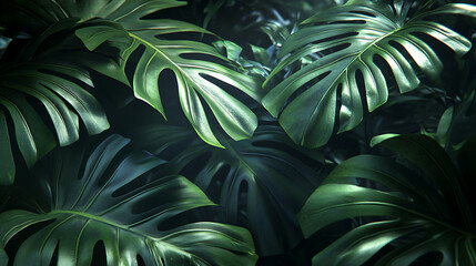The large leaves of the tropical tree lie one on top of the other, overlapping each other, 3d rendering