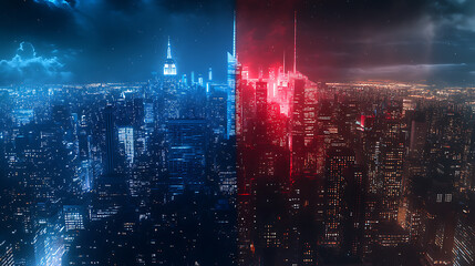 Fototapeta premium The nighttime modern city is divided into two parts by blue and red light, 3d rendering