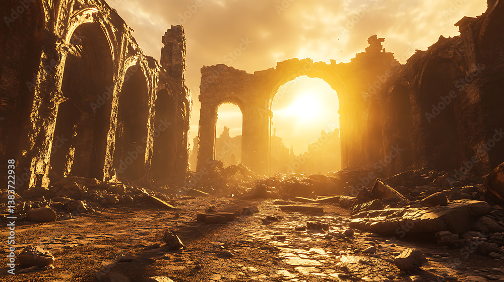 Poster the sun illuminates the remains of the structure of the city after the destruction, 3d rendering